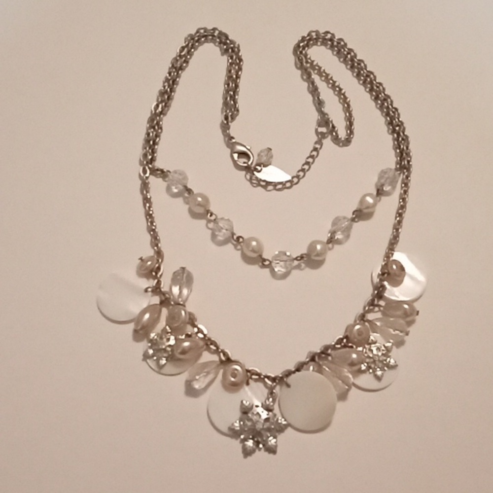 #1071. Shell & Snowflake, Silver Toned Faux Pearl, Double Layer Necklace. 9 1/2"